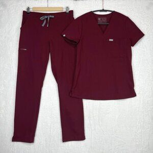Figs Scrub Set Burgundy Catarina One-Pocket Top XS Yola Skinny Scrub Pants S
